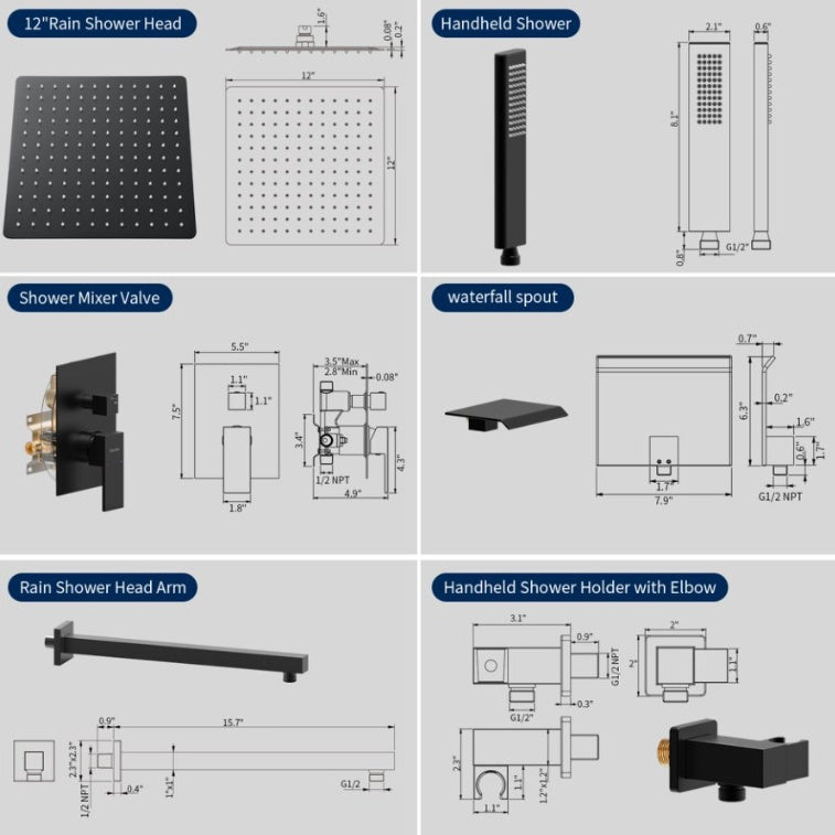 Male NPT Matte Black Shower System 12 Inch Shower Fixtures Rain Shower Head With Handheld Shower Spray, Wall Mount Shower Faucet Set For Bathroom