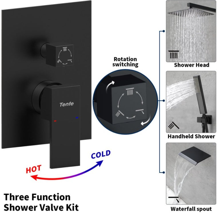 Male NPT Matte Black Shower System 12 Inch Shower Fixtures Rain Shower Head With Handheld Shower Spray, Wall Mount Shower Faucet Set For Bathroom
