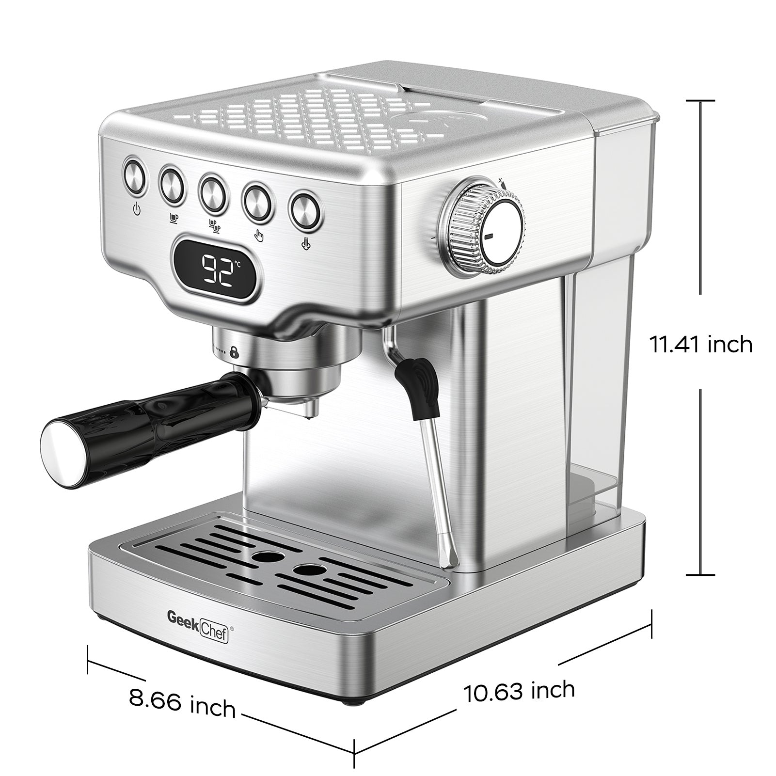 Geek Chef Espresso Machine dimensions displayed with stainless steel finish and ergonomic design for home coffee brewing.