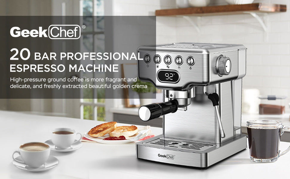 Geek Chef 20 Bar Professional Espresso Machine with high-pressure brewing for rich crema and aromatic espresso at home.