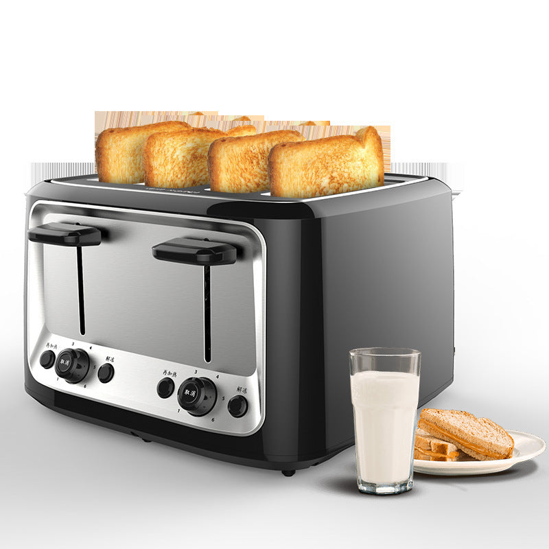 Four-slot multifunction toaster in black with stainless steel front, toasting 4 slices of bread. Ideal 220V kitchen fixture for fast breakfast prep.
