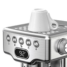 Top view of Geek Chef Espresso Machine with cup warmer feature and stainless steel control panel for home barista use.