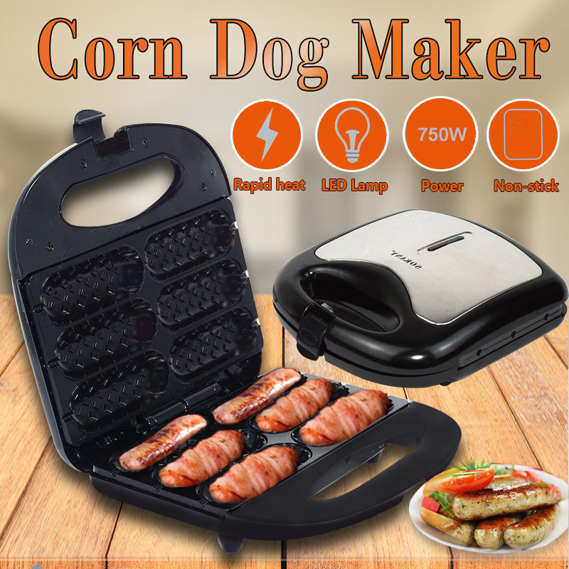 Sausage Frying Machine - Home Hot Dog Roast with non-stick plates and 750W power, ideal for quick and easy kitchen cooking of corn dogs and sausages.