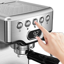 Close-up of Geek Chef Espresso Machine control panel with user pressing brew button for easy espresso preparation.