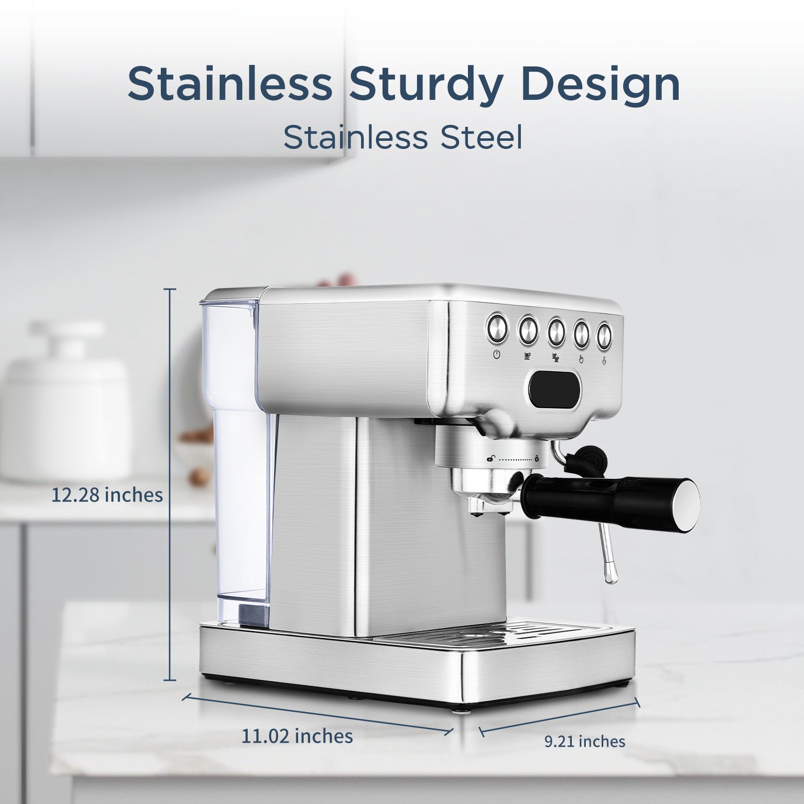 Side view of Geek Chef Espresso - 20 Bar Machine showing stainless steel design and dimensions for compact kitchen placement.