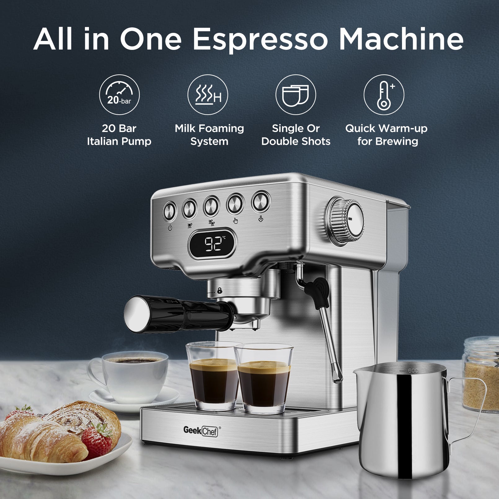 Geek Chef Espresso - 20 Bar Machine with dual shot brewing, milk frother, and stainless steel design for home coffee lovers.