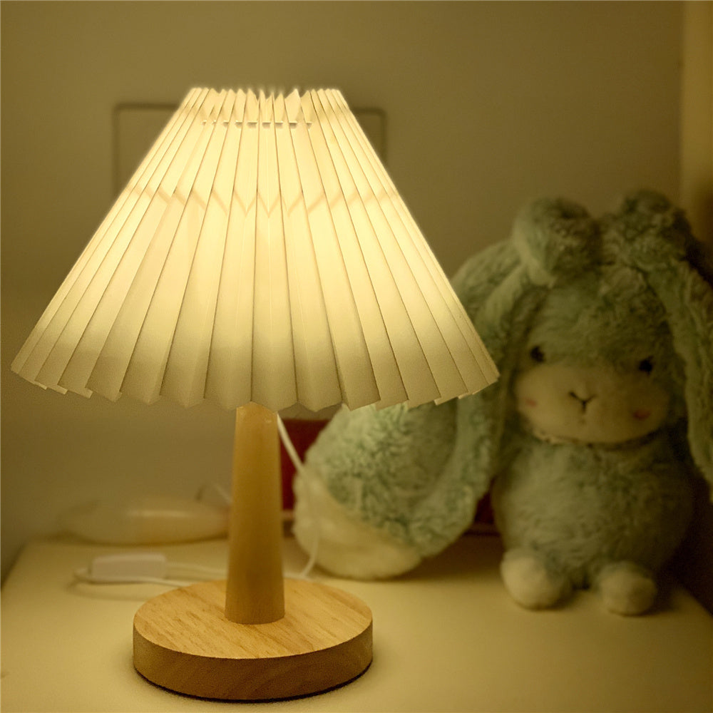 Vintage pleated lamp dimmable table light with soft linen shade and solid wood base, ideal for cozy bedroom or reading nook lighting.