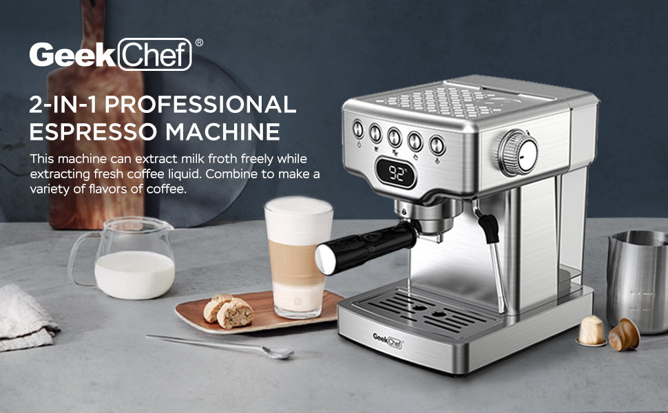 Geek Chef 2-in-1 Espresso Machine with milk frother and coffee extraction system for making lattes, cappuccinos, and macchiatos at home.