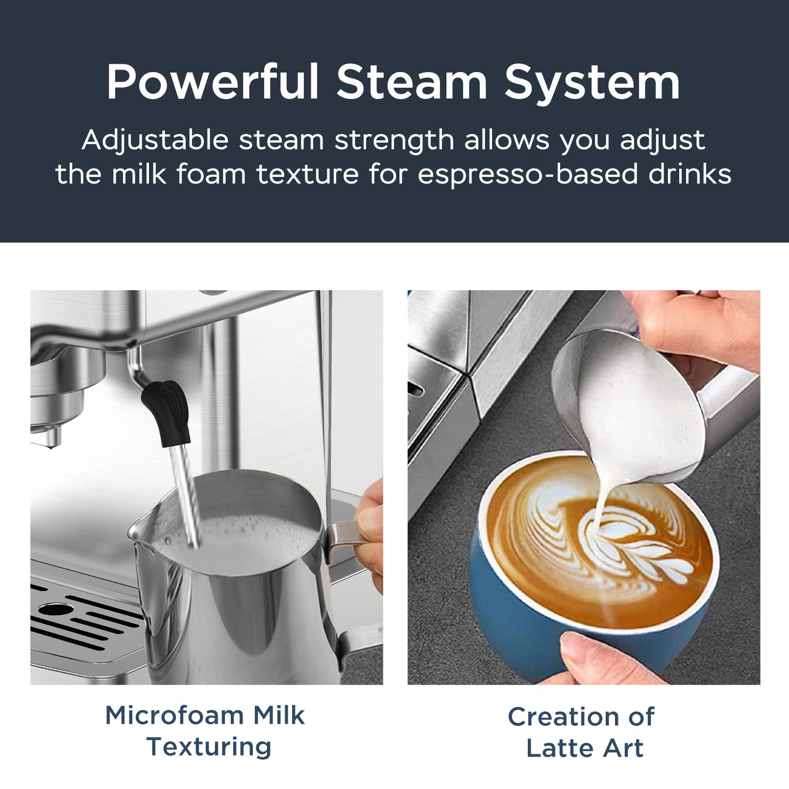 Powerful steam system of Geek Chef Espresso Machine showing microfoam milk texturing and latte art creation features.